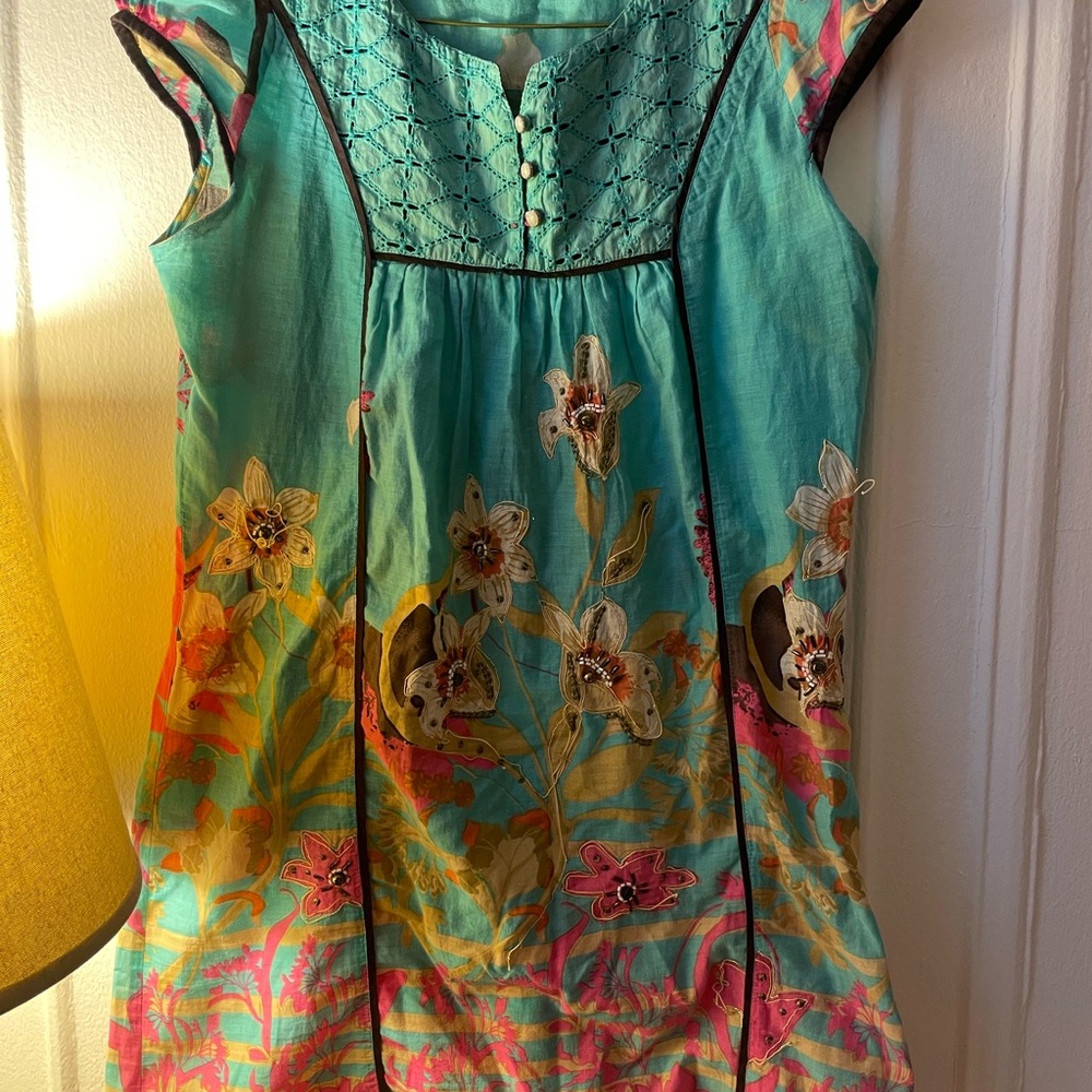 Vintage Floral Embroidered Teal Dress
